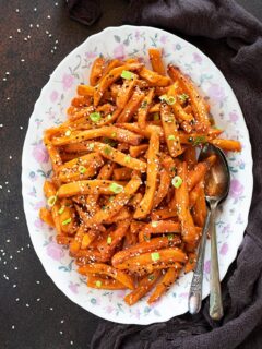 Crispy Chili Honey Potatoes on a tray