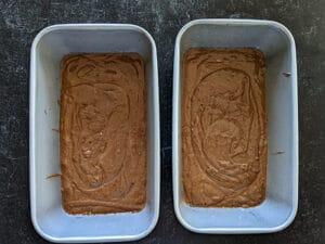 Pour batter in baking pans