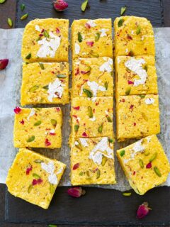 Mango Kalakand cut in squares