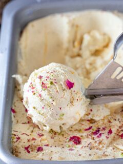 Thandai Gulkand Ice Cream on a scoop