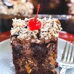 Vegan chocolate poke cake with Dulce-de-leche oozing out