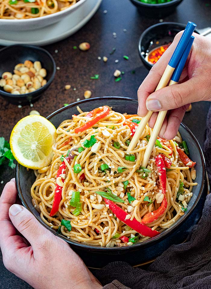 Vegan Spicy Peanut Noodles with chopsticks